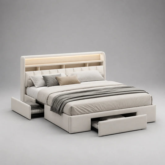 Holz-Polsterbett mit Stauraum und LED-Beleuchtung, Creme, 200x180 cm
