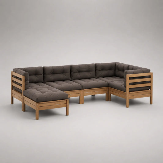Eck-Gartensofa-Set aus Akazienholz mit Dunkelgrauen Kissen