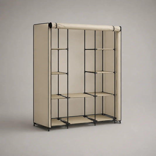 Beige/Schwarz Stoff Kleiderschrank mit Stahlrahmen