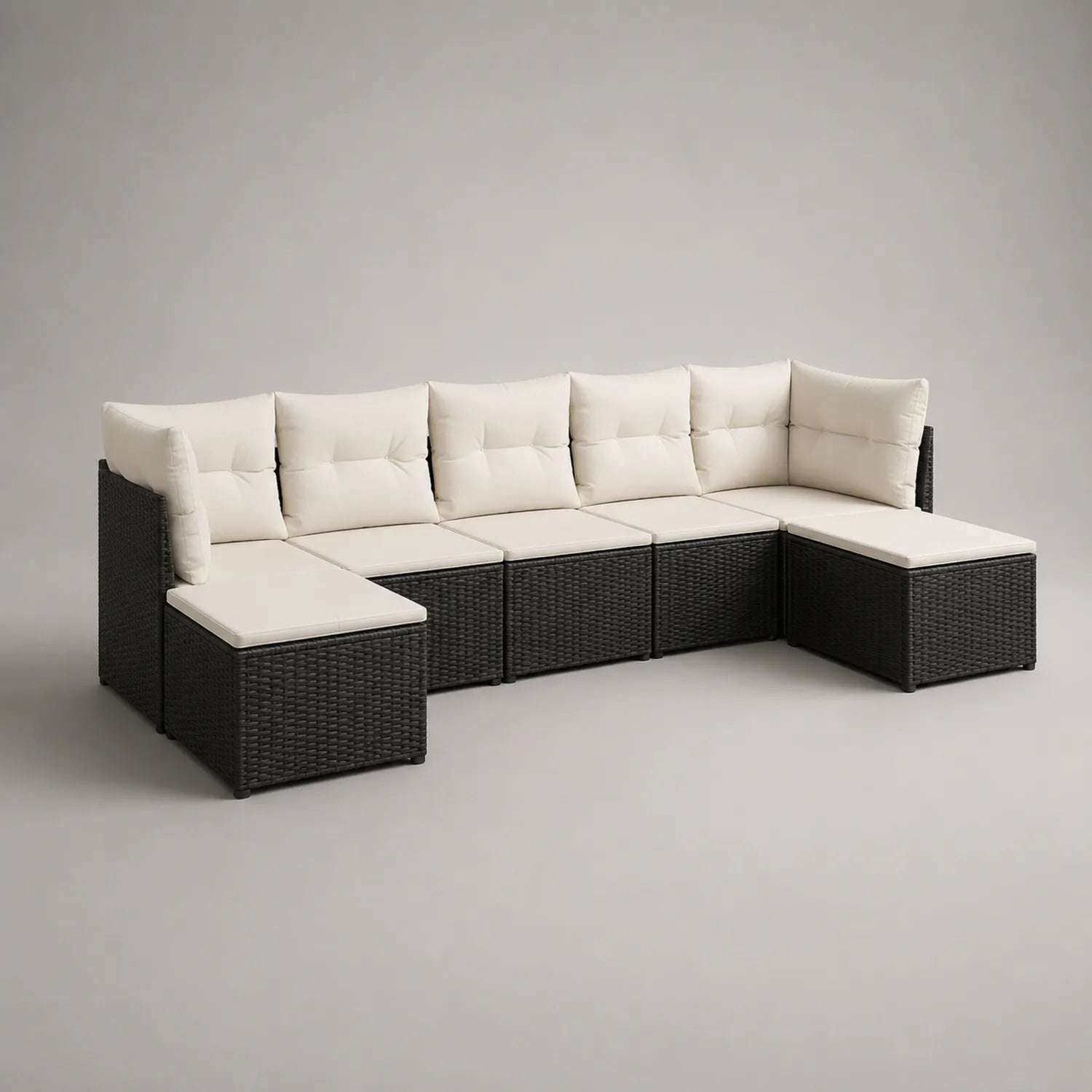 Modulares Gartensofa-Set aus PE-Rattan, 6-teilig, schwarz und cremeweiß
