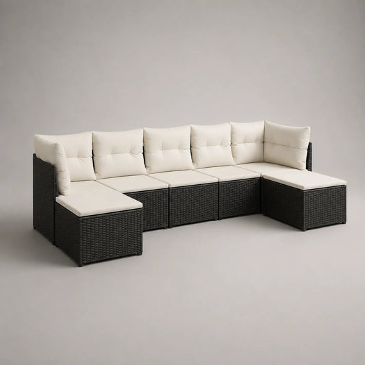 Modulares Gartensofa-Set aus PE-Rattan, 6-teilig, schwarz und cremeweiß