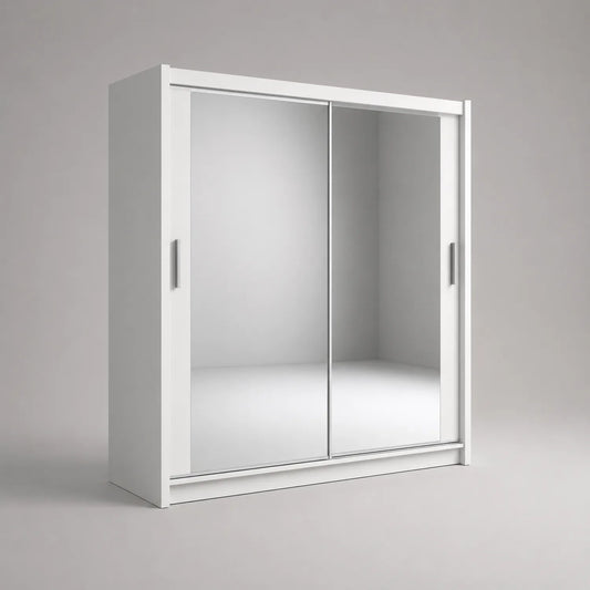 Kleiderschrank mit Schiebetüren aus Melamin und Spiegel Weiß 200cm