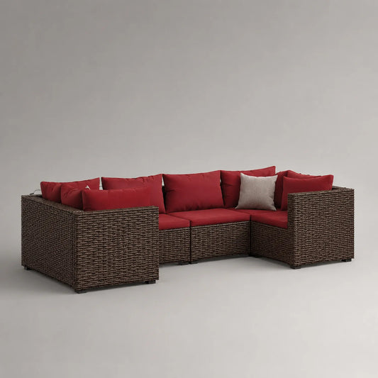 Outdoor Rattan Sofa mit roten Polyesterkissen, 250cm x 250cm