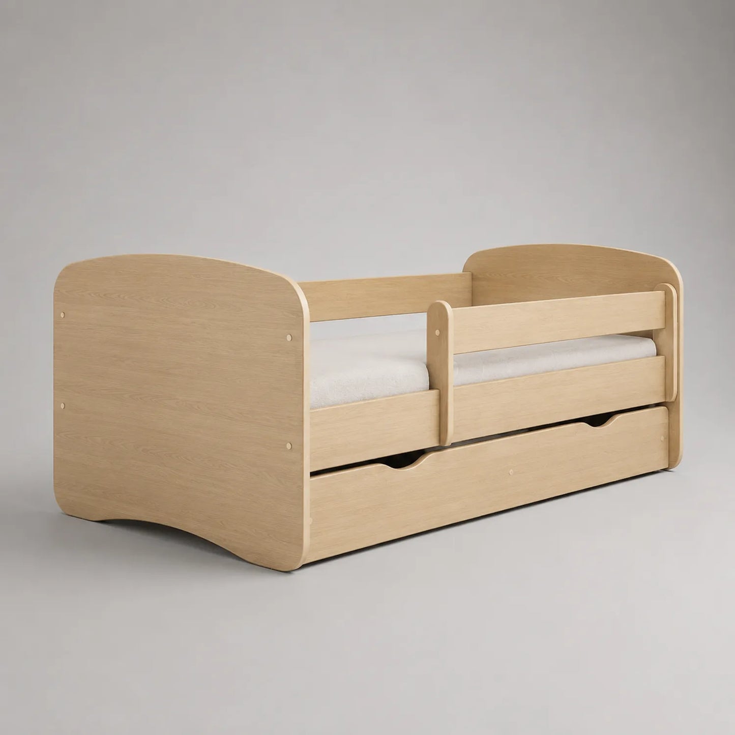 Kinderbett mit Schutzgitter und Schublade aus Eichenholz