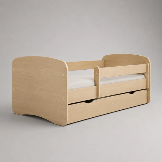 Kinderbett mit Schutzgitter und Schublade aus Eichenholz