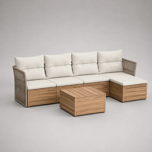 Gartenmöbel-Sofaset aus Teakholz und Polyestergewebe in Beige