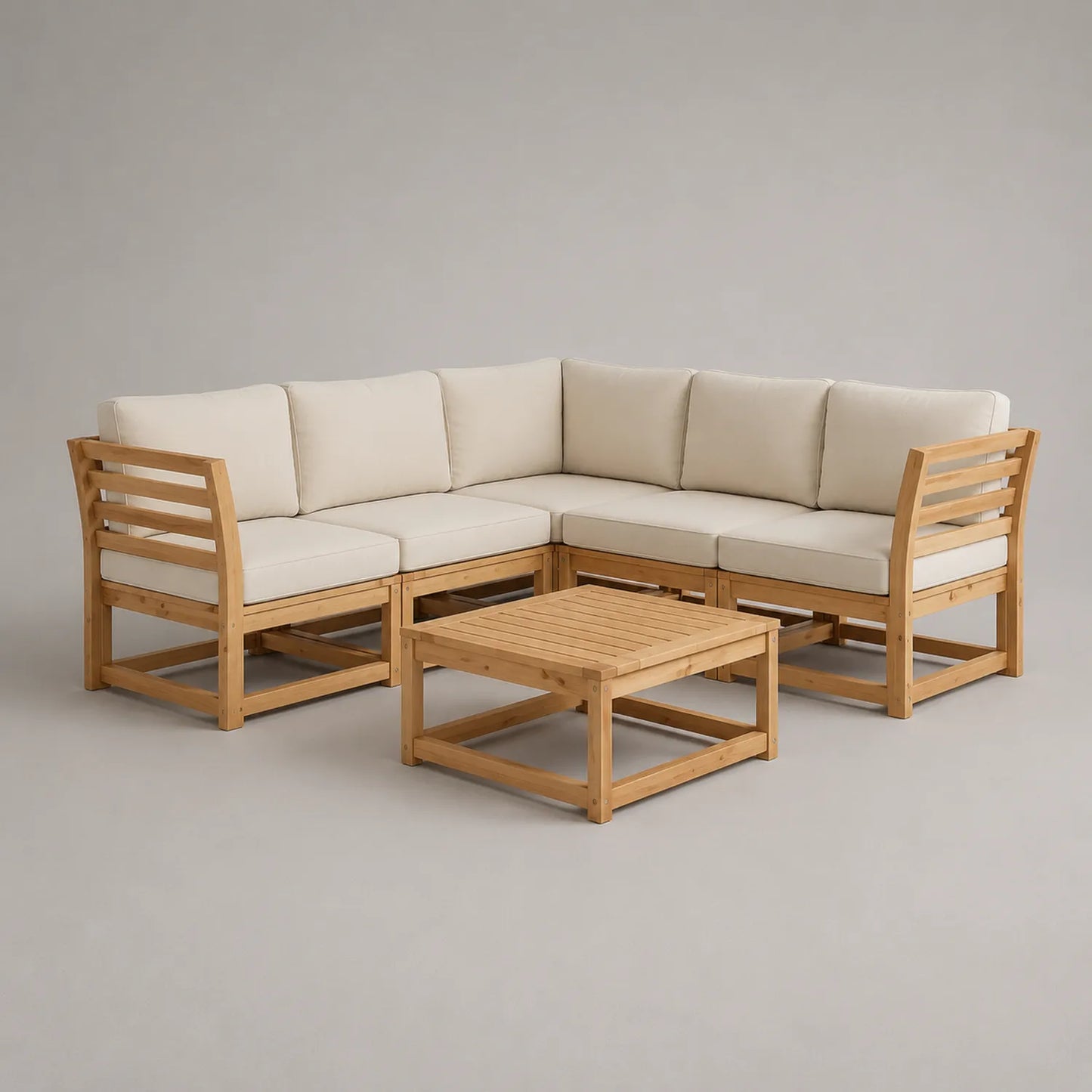 Holz Ecksofa Set mit Tisch und Beige Kissen