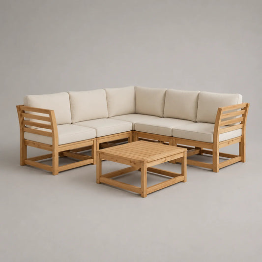 Holz Ecksofa Set mit Tisch und Beige Kissen