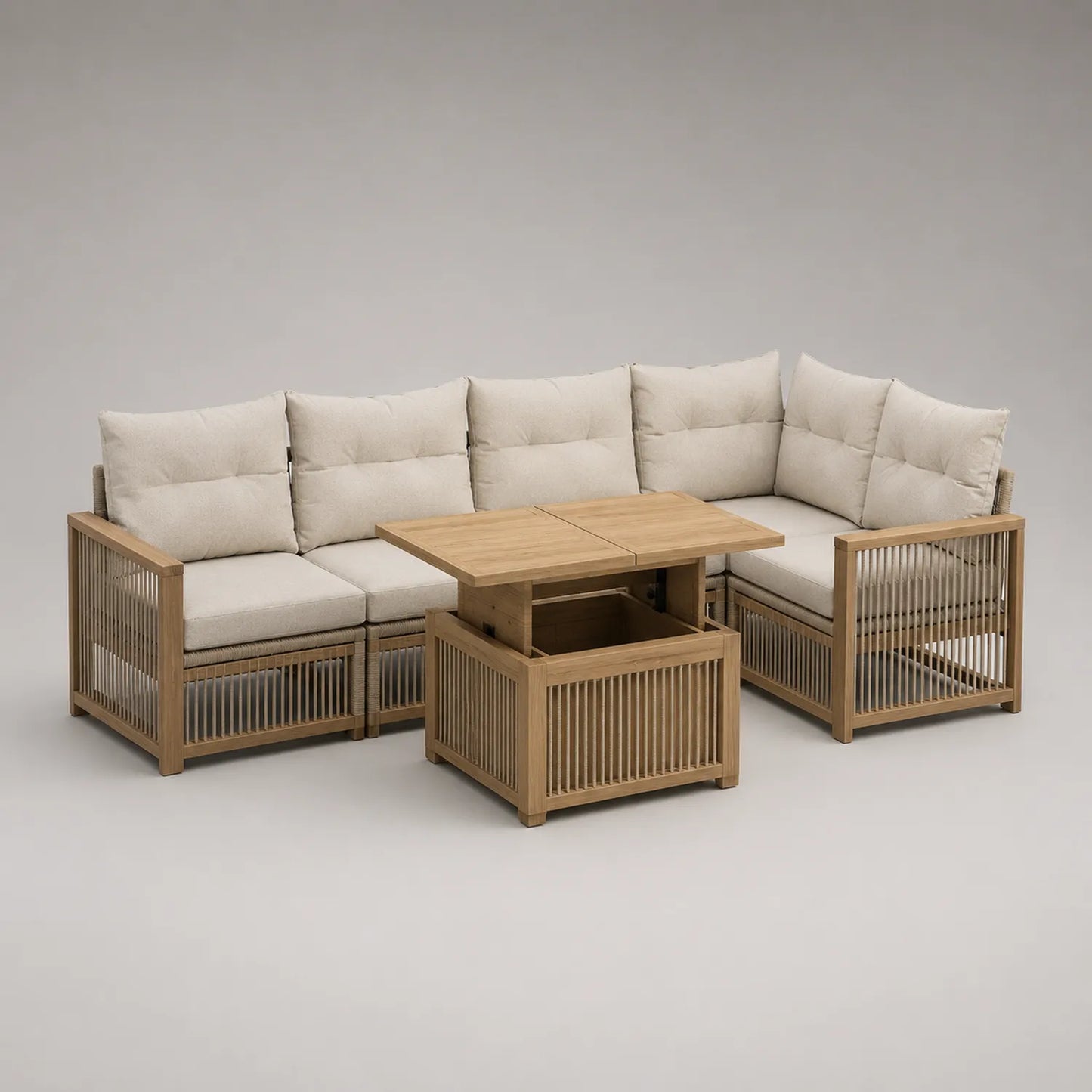 Terrassen-Ecksofa-Set aus Holz mit Polyesterkissen Beige