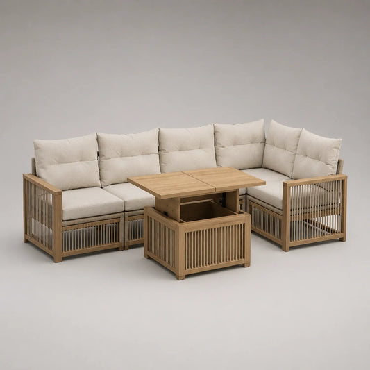 Terrassen-Ecksofa-Set aus Holz mit Polyesterkissen Beige