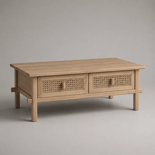 Couchtisch mit zwei Schubladen aus Eichenholz und Rattan 120x60x45cm Natur rechteckig