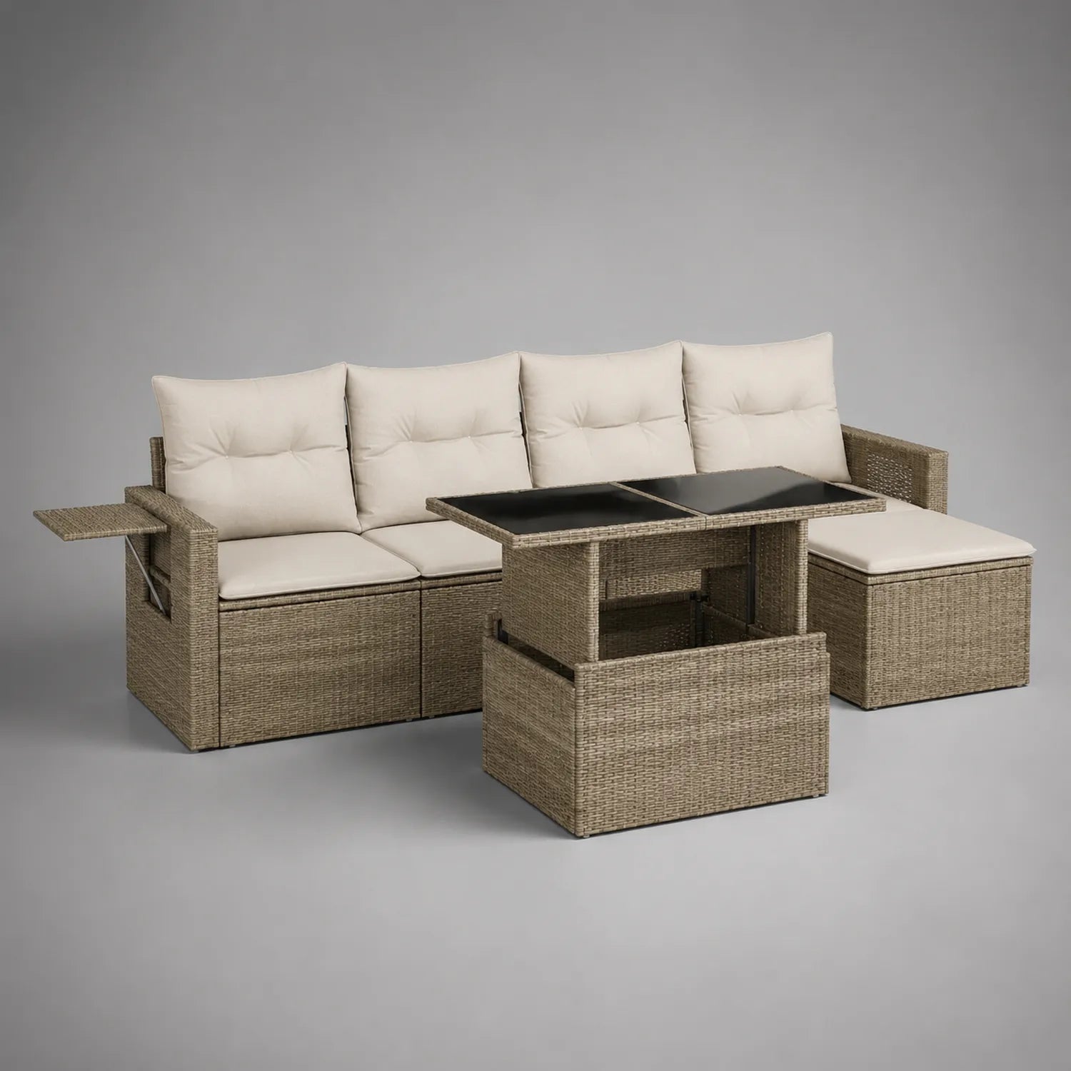 Polyrattan Gartenlounge-Set mit höhenverstellbarem Tisch Beige