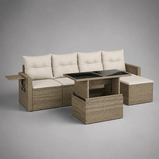 Polyrattan Gartenlounge-Set mit höhenverstellbarem Tisch Beige