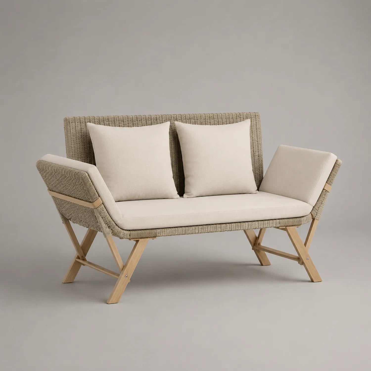 2-Sitzer Gartenbank Polyrattan Beige mit Kissen