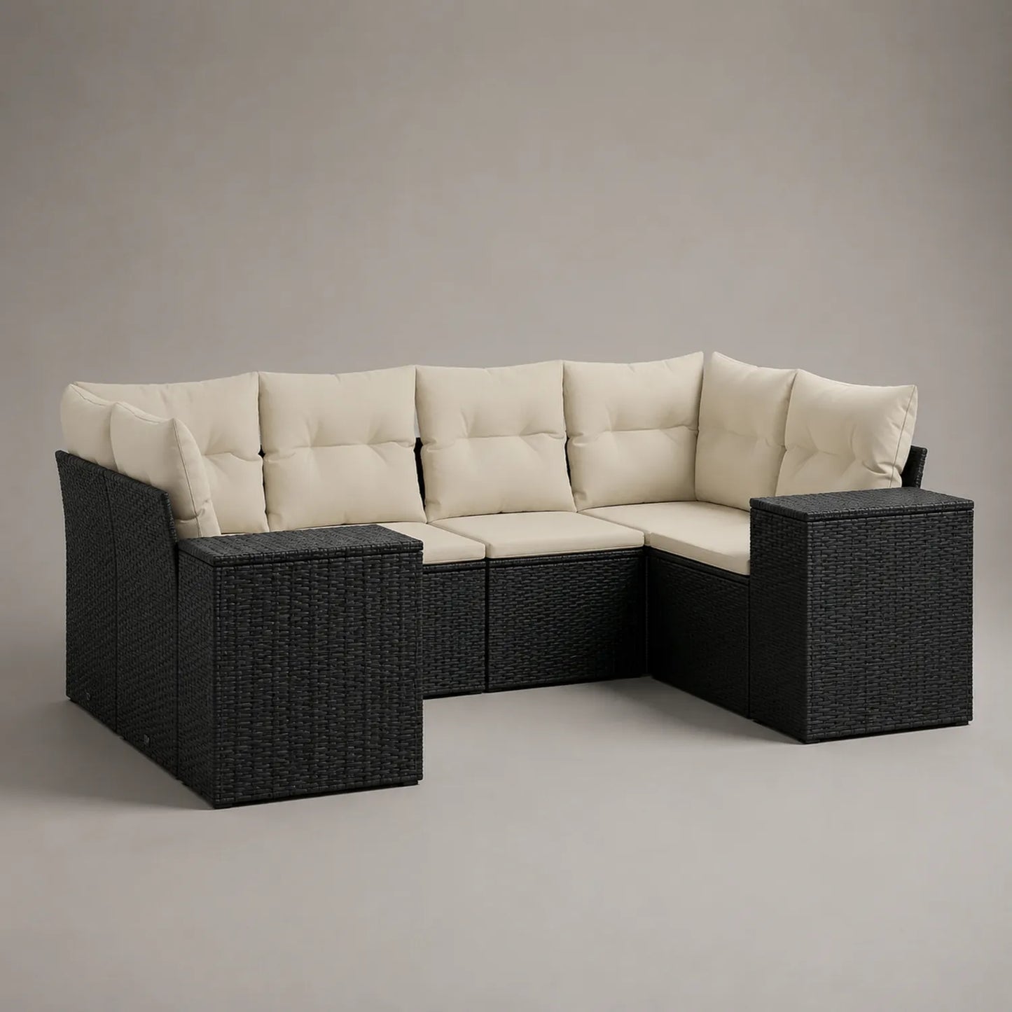 Ecksofa Set Polyethylen Rattan Schwarz mit Beige Kissen