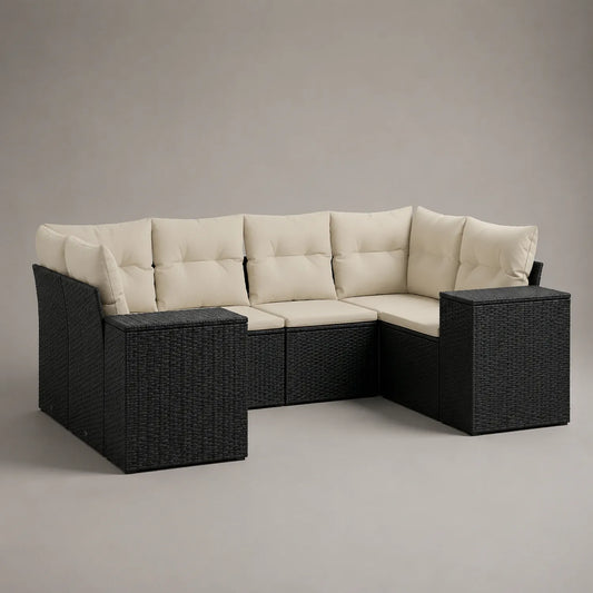 Ecksofa Set Polyethylen Rattan Schwarz mit Beige Kissen