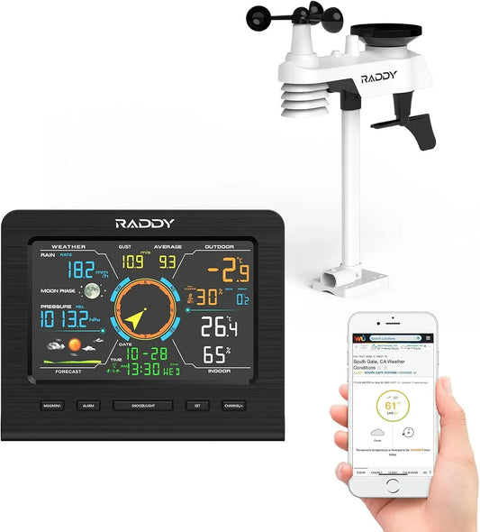 WF-100C 13-in-1 Wetterstation, Außensensor, Thermometer, Regenmesser, Funkwetterstation, WLAN, für Haus & Garten, Raddy
