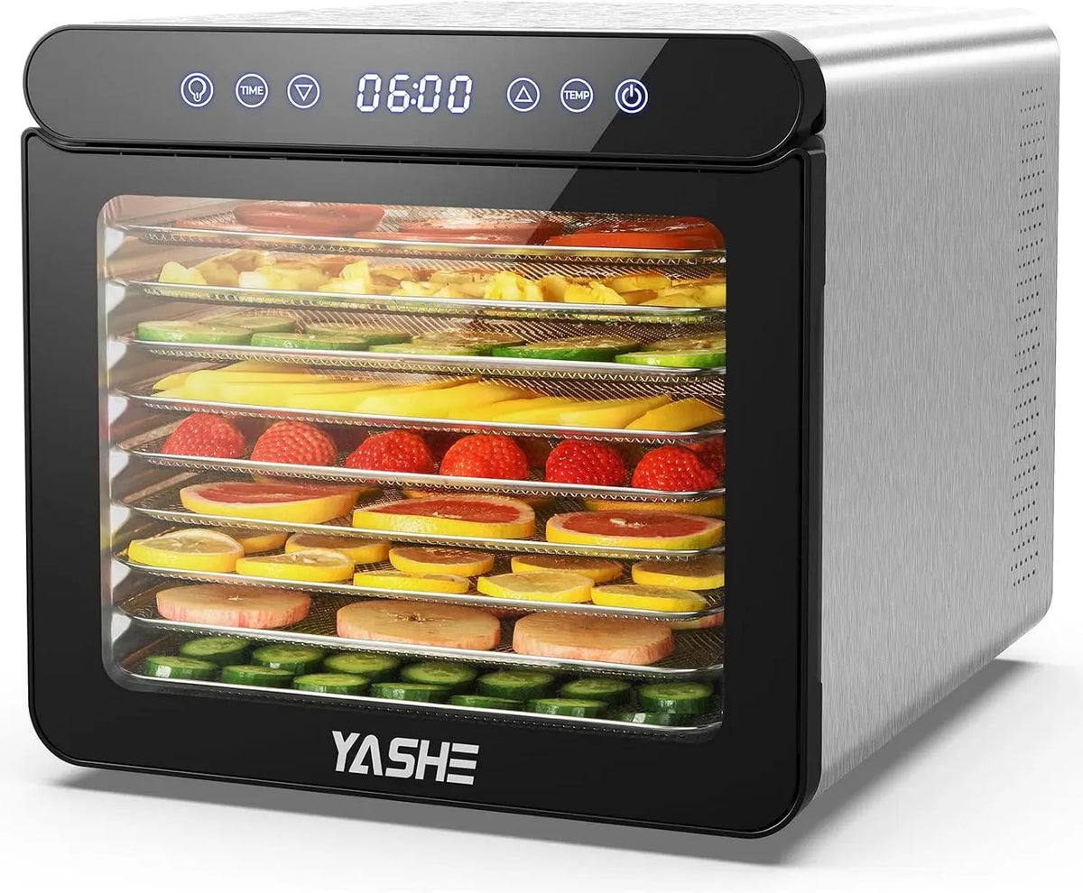 Ventilator, 800 W, YASHE, Timer, Edelstahl, Timer bis zu 48 Stunden, 9 Tabletts Dörrgerät für Obst und Gemüse, Temperatur bis zu 75°C