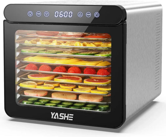 Ventilator, 800 W, YASHE, Timer, Edelstahl, Timer bis zu 48 Stunden, 9 Tabletts Dörrgerät für Obst und Gemüse, Temperatur bis zu 75°C