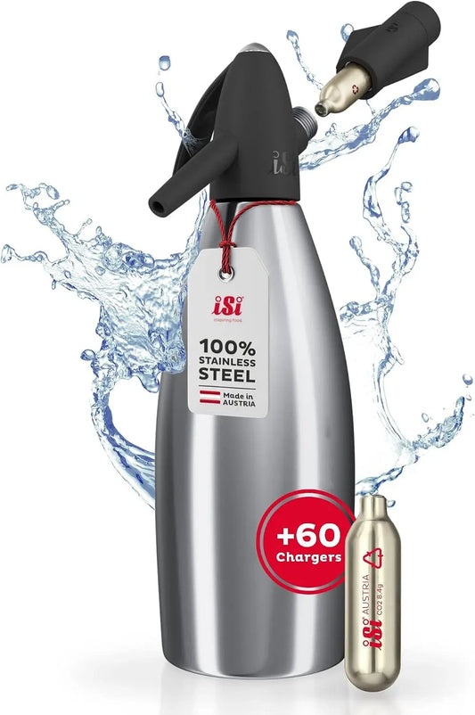 Gerätezubehör, 1 L, ISI CO2, Edelstahl, 6 x 10 Kapseln für Soda & Sprudel, Soda Siphon 1L inkl, Edelstahl Wassersprudler Set + Kartuschen