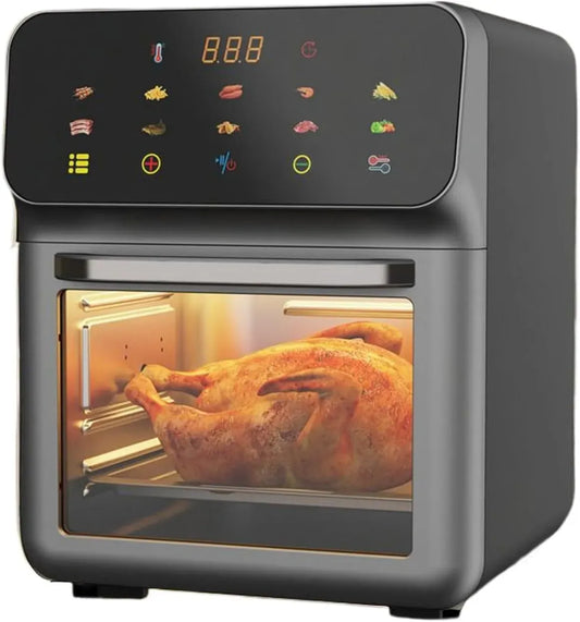 Heißluftfritteuse, 15 L, 0 bis 200 °C, elektrische Fritteuse ohne Öl, Air Fryer Toaster Ofen Kombi 15L Familiengröße 2 Roste 0°C–200°C