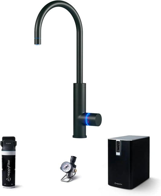 Wasserkocher 3in1 CO2, Schwarz, 425g Adapter, elektrischer Teekocher, HappyFilter FizzRed Wassersprudler Wasserkocher