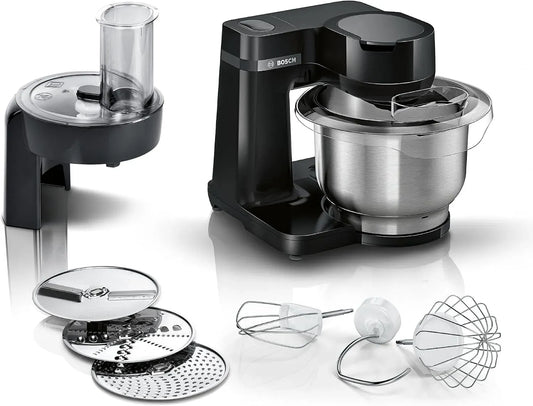 Bosch Serie 2 MUMS2EB01 Küchenmaschine, 3,8 L, 700 W, Edelstahl, Schwarz, Edelstahl-Schüssel 3,8 L, Rührbesen Edelstahl, 3 Scheiben