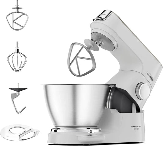 Kenwood 3-teiligem KVC65.001WH Küchenmaschine, 5 L, 1200 W, Gebäck, Edelstahl, Weiß, 5 l Edelstahlschüssel