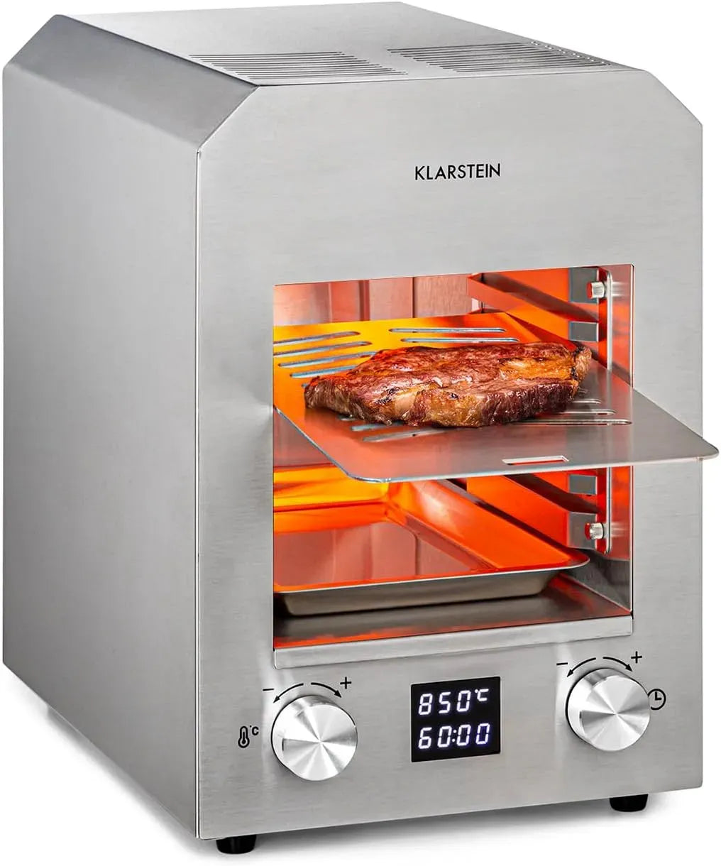 Klarstein Hochtemperaturgrill, Indoor-Grillgerät, 18,5 x 30 cm, 200 bis 850 °C, 2.200 W, Timer, 2 Temperaturzonen, Wärmefunktion, Silber