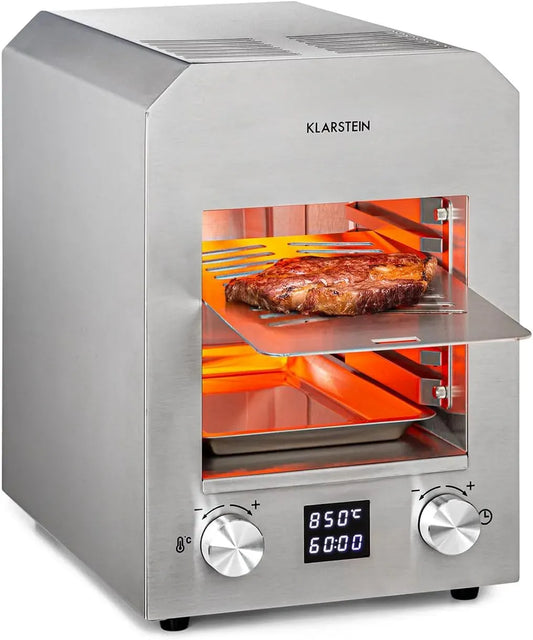 Klarstein Hochtemperaturgrill, Indoor-Grillgerät, 18,5 x 30 cm, 200 bis 850 °C, 2.200 W, Timer, 2 Temperaturzonen, Wärmefunktion, Silber