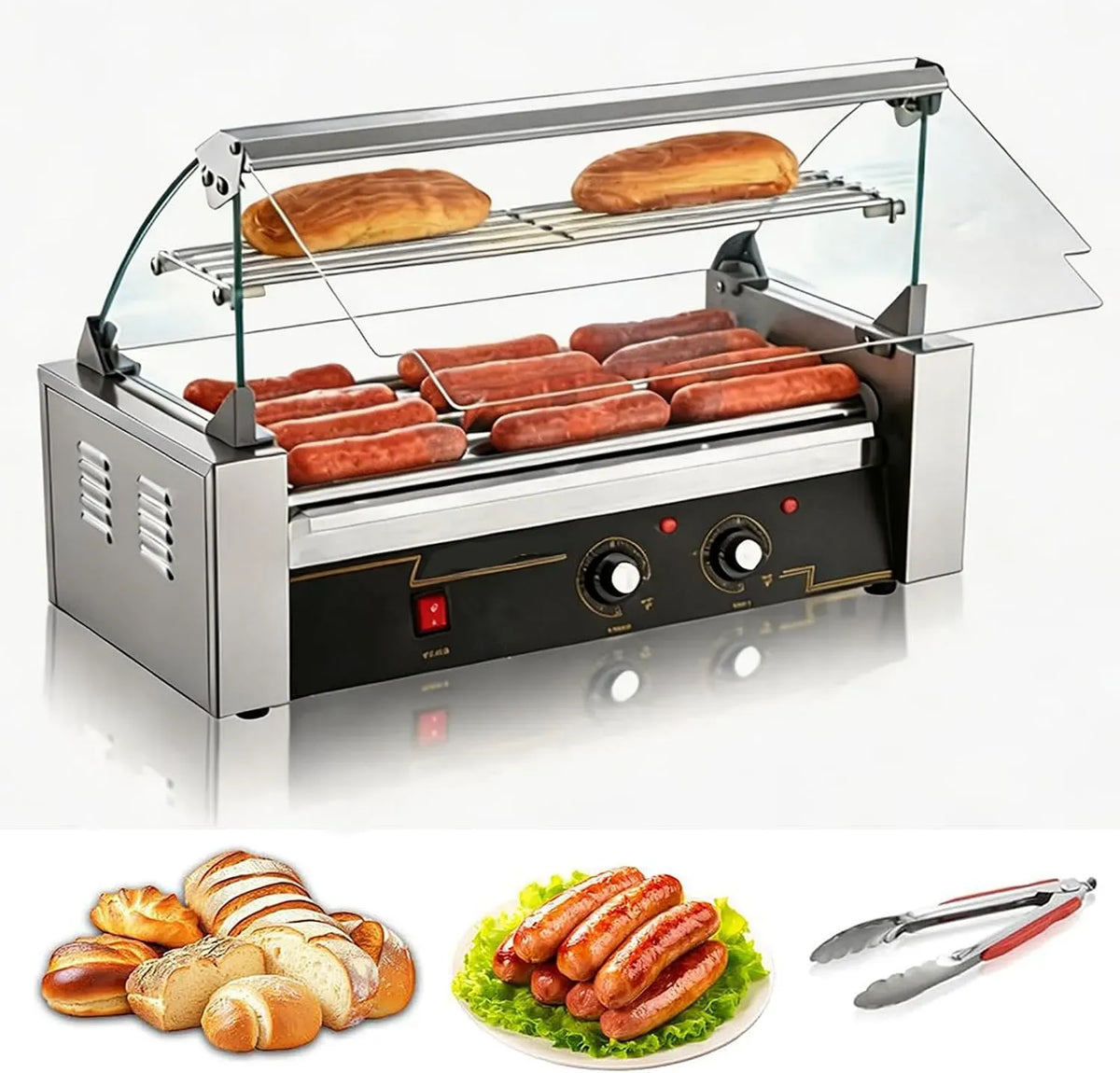Hot-Dog-rollgrill, 1400 W, LED-Beleuchtung, herausnehmbar, 2 Temperaturzonen, für 30 Hot Dogs Mit Herausnehmbarer Fettauffangschale