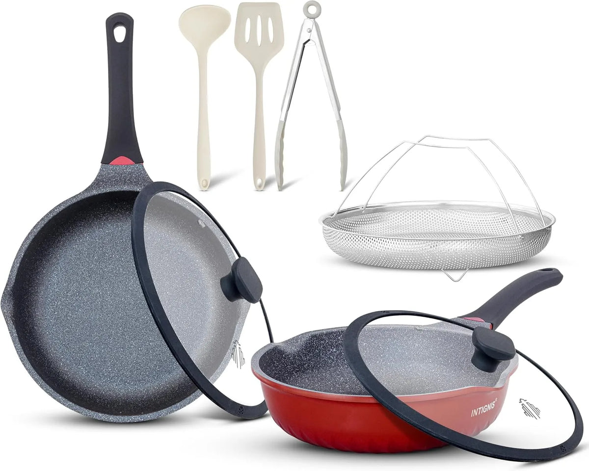 Kochgeschirr 10-Teiliges, 30 CM, Antihaftbeschichtung, Rot, Antihaft-Kochgeschirr-Set, GREBLON-Keramikbeschichtung