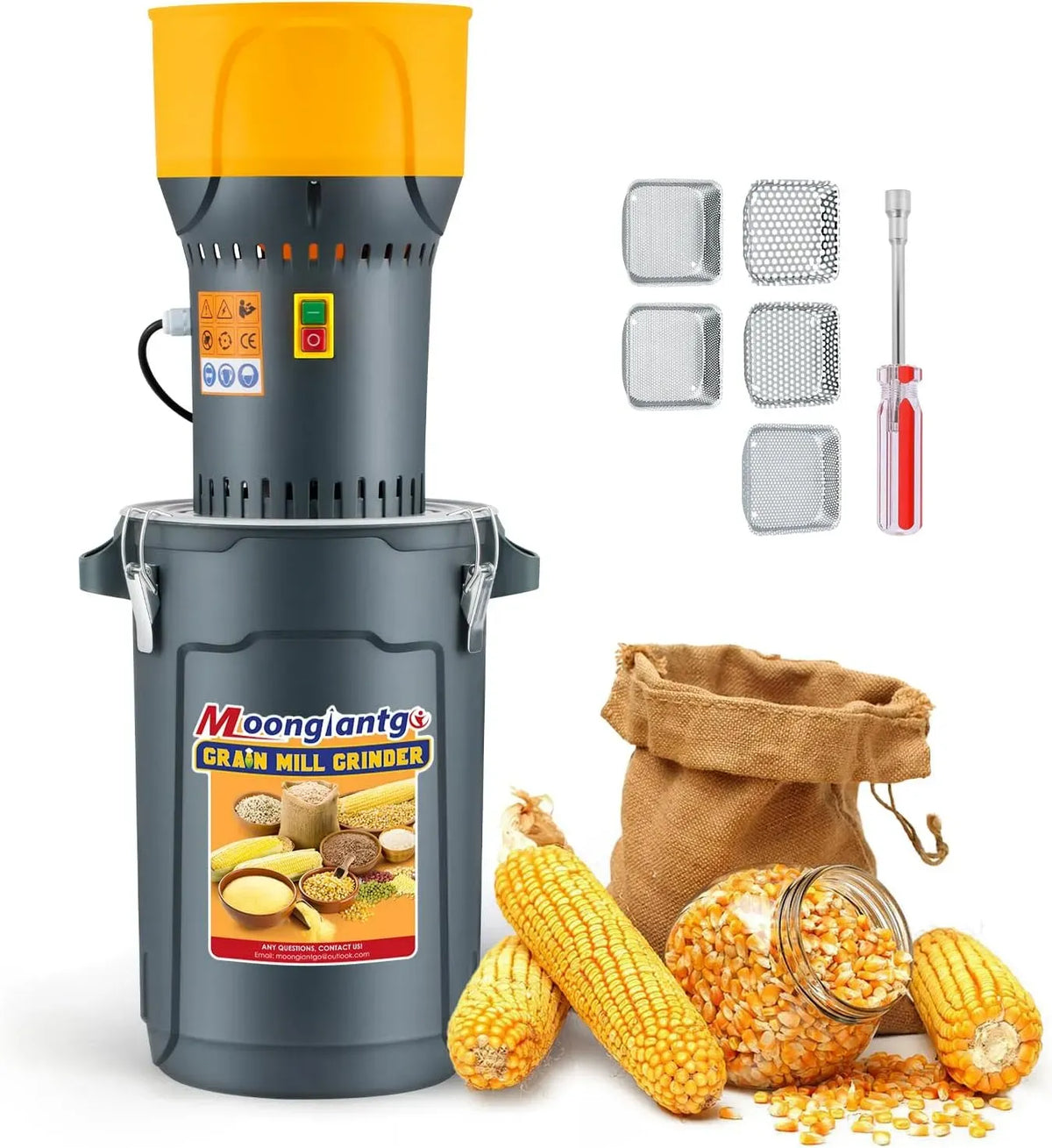 Getreidemühle, 25 L, 1300 W, Kornmühle, Moongiantgo, Abnehmbarer 25L Eimer und Trichter