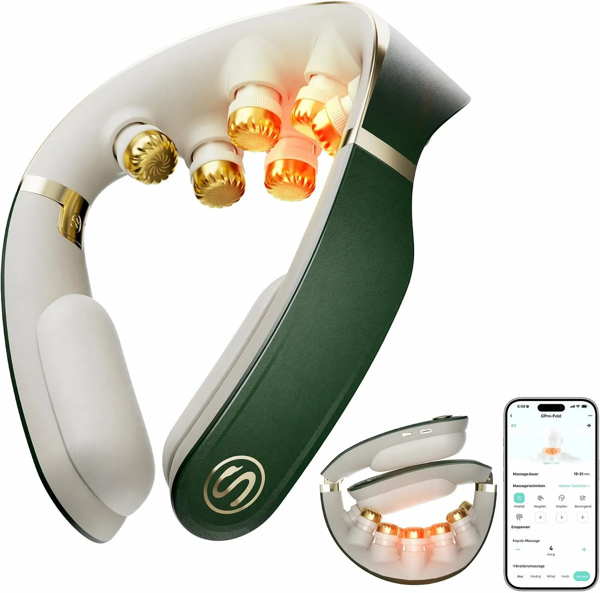 Nackenmassagegerät, Reise-Massagegerät, Massageapparat für Nacken und Rücken, kabellos, Grün, für Büro, SKG
