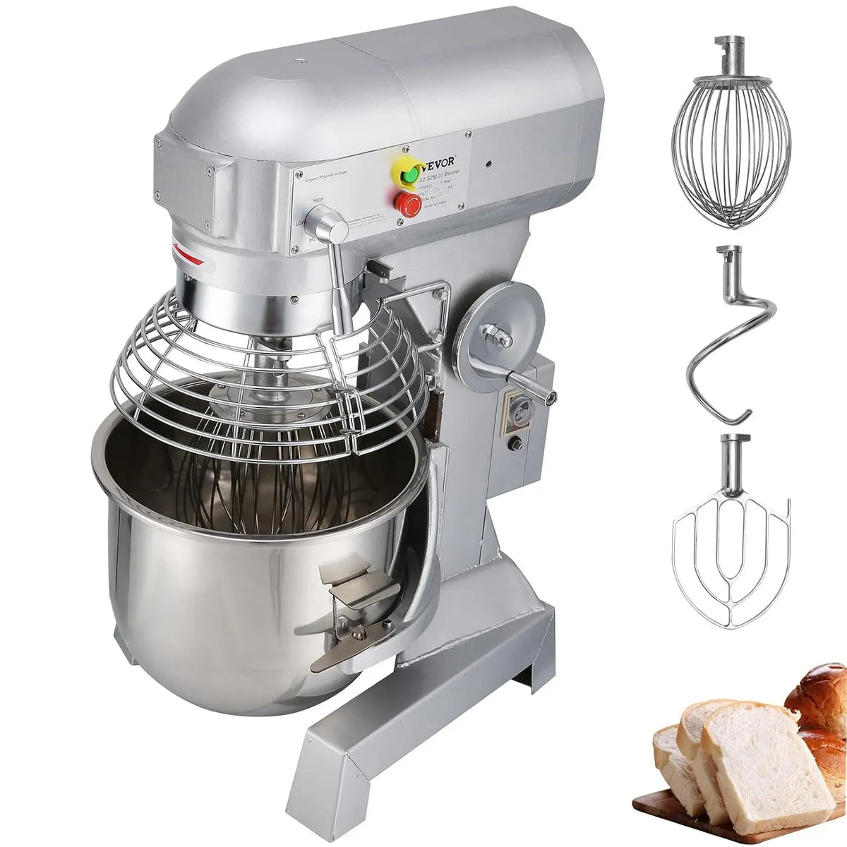 VEVOR Küchenmaschine, 600 W, Restaurant, Edelstahl, 15 Qt Edelstahl Teigmixer, 130/233/414 U/min, einstellbar, Edelstahlschüssel