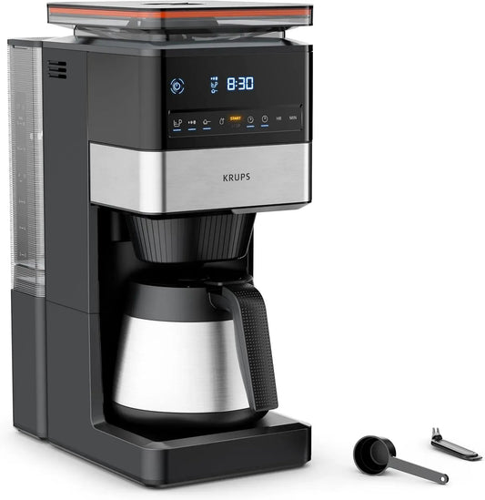 Krups KT842810 Kaffeemaschine, 1,25 L, Edelstahl, Schwarz, abnehmbares Kegelmahlwerk, Edelstahl-Thermoskanne, XL-Fassungsvermögen