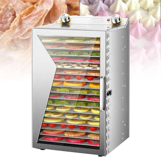 12-Stunden-Timer Dörrautomat, Dörrgerät, Lebensmitteltrockner, 2 Temperaturzonen, Edelstahl, für Obst