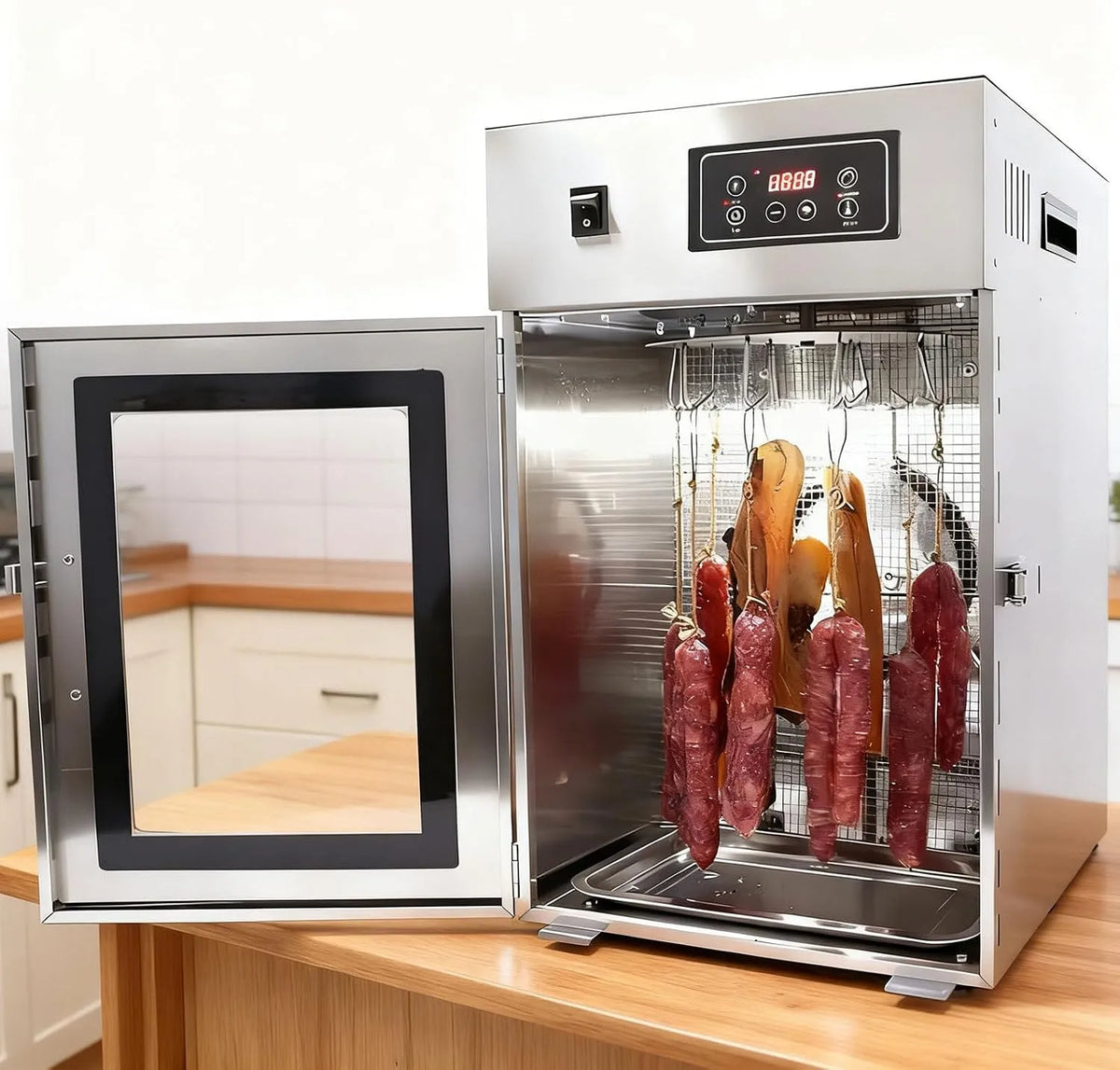 Wäschetrockner, 800 W, 30 bis 90 °C, Gewerblicher 800W-Lebensmitteltrockner, Edelstahl, 360° Drehbare Fleischreifkammer Aus Edelstahl