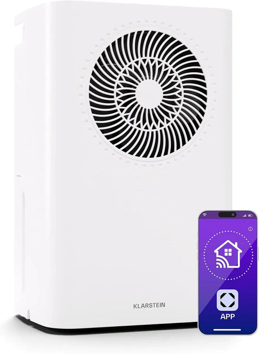 Klarstein 24h Luftentfeuchter, 12 L, 38 dB, tragbar, Timer, WLAN, App, leise, Weiß, Tragbar für Räume bis 30m²